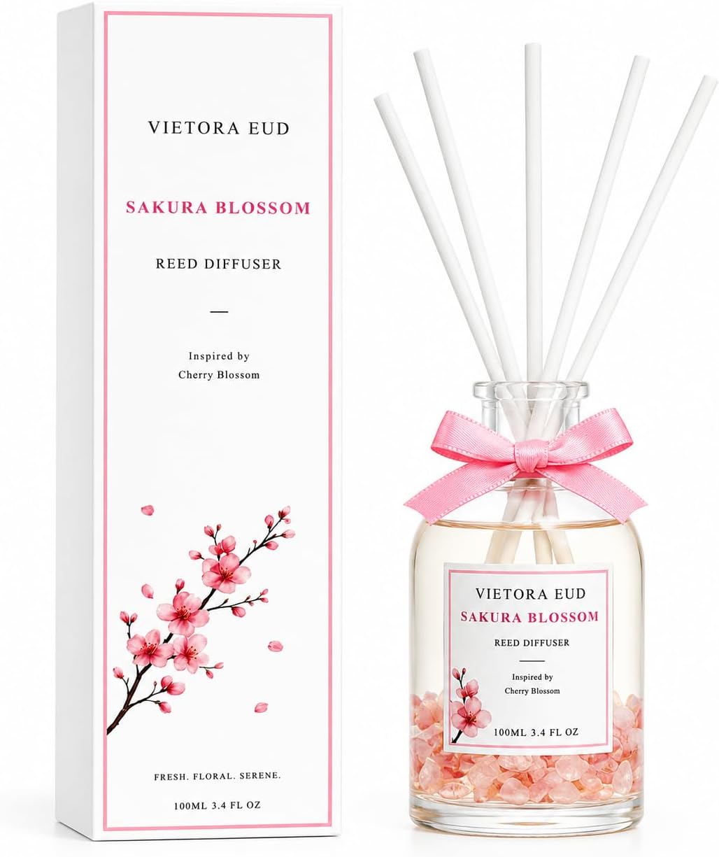 Cherry Blossom Essential Oil Reed Diffuser for Home&Office, Luxury Hotel Collection Diffuser Oil Inspired by Ritz Carlton, Bathroom,Bedroom&Living Room Shelf Decor,Non-Toxic & Gift Ready