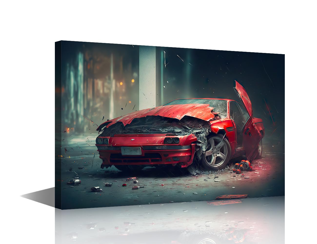 TISHIRON Red Car Canvas Prints Vintage Wall Art Paintings 1 Piece Posters Stretched Pictures for Men Boy Bedroom Living Room Modern Home Decor Framed Wall Decorations, 24x16in