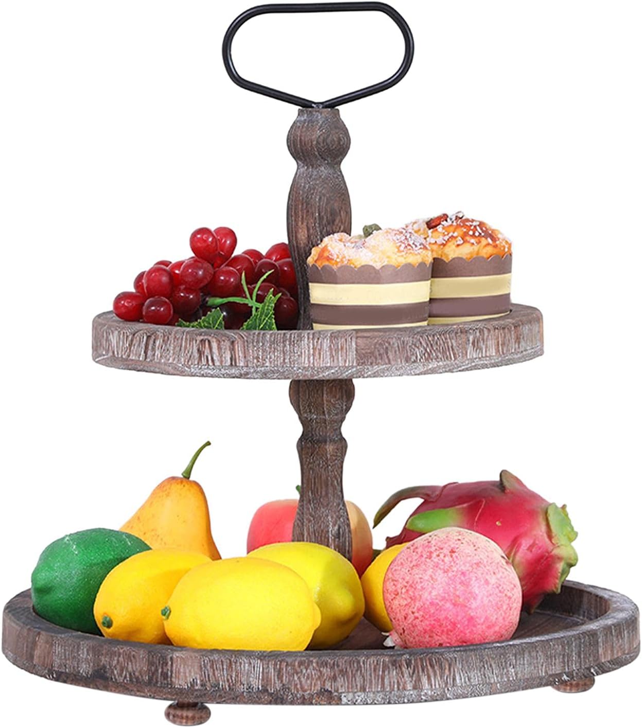 POHOVE Large Distressed Rustic Wood Two Tiered Tray,2 Tier Wood Tray,Fruits Snacks Tiered Stand W/Metal Round Decor Handle for Kitchen Counter Top Dining Room Table(Dark Brown)