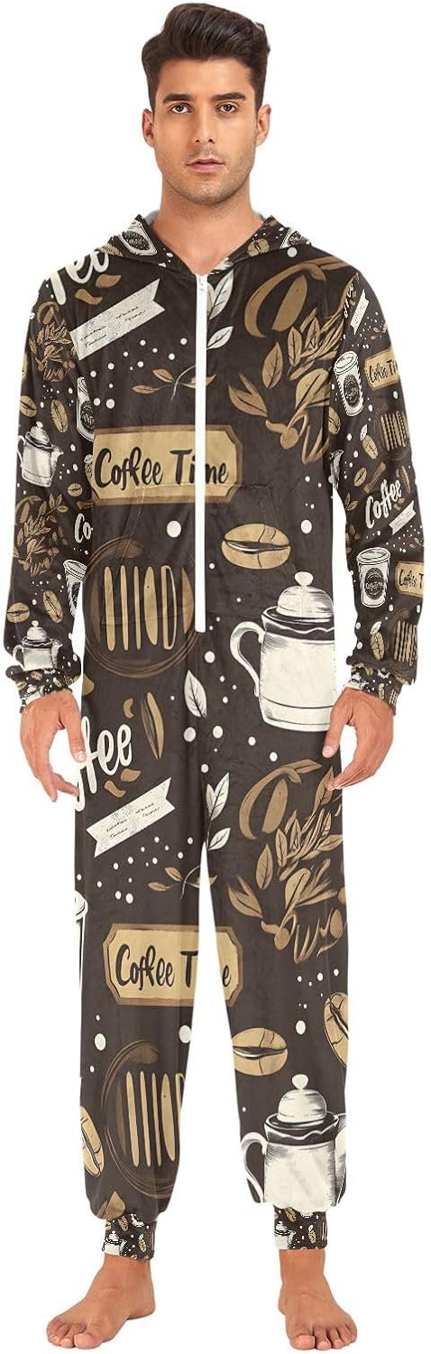 Brown Coffee Beans Coffee Cups Unisex Adult Onesie Pajamas Comfy One Piece Costume Jumpsuits Novelty Sleepwear Homewear for Men Women