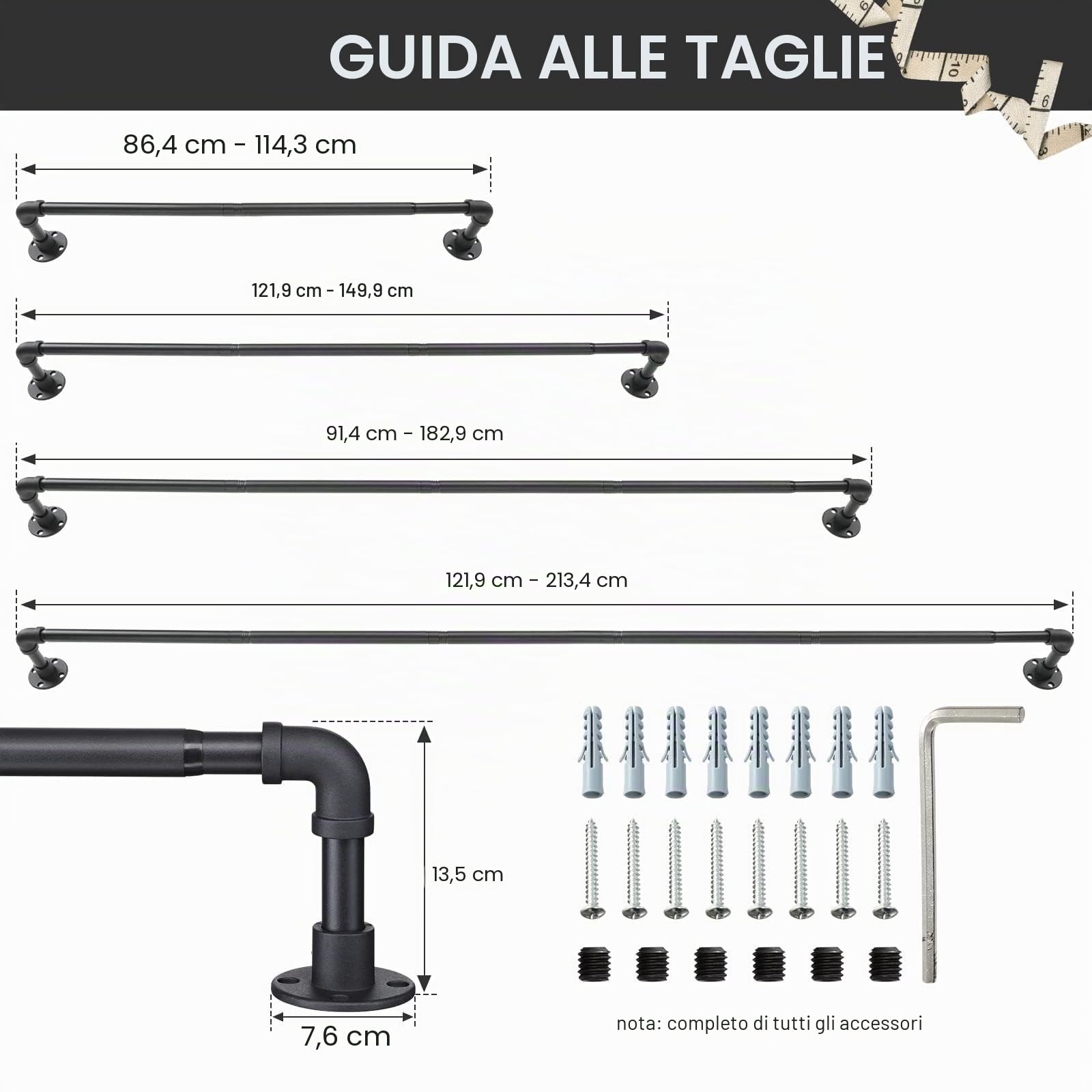 Bastone per tenda industriale estensibile, nero opaco, 81-180 cm, resistente, oscurante, per finestra, montaggio a parete per camera da letto, soggiorno