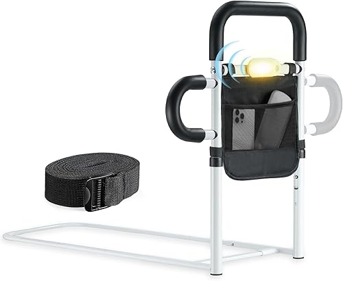 Rieles de cama para adultos mayores, riel de cama ajustable con luz LED con sensor de movimiento, asistencia de cabecera para barra de apoyo con