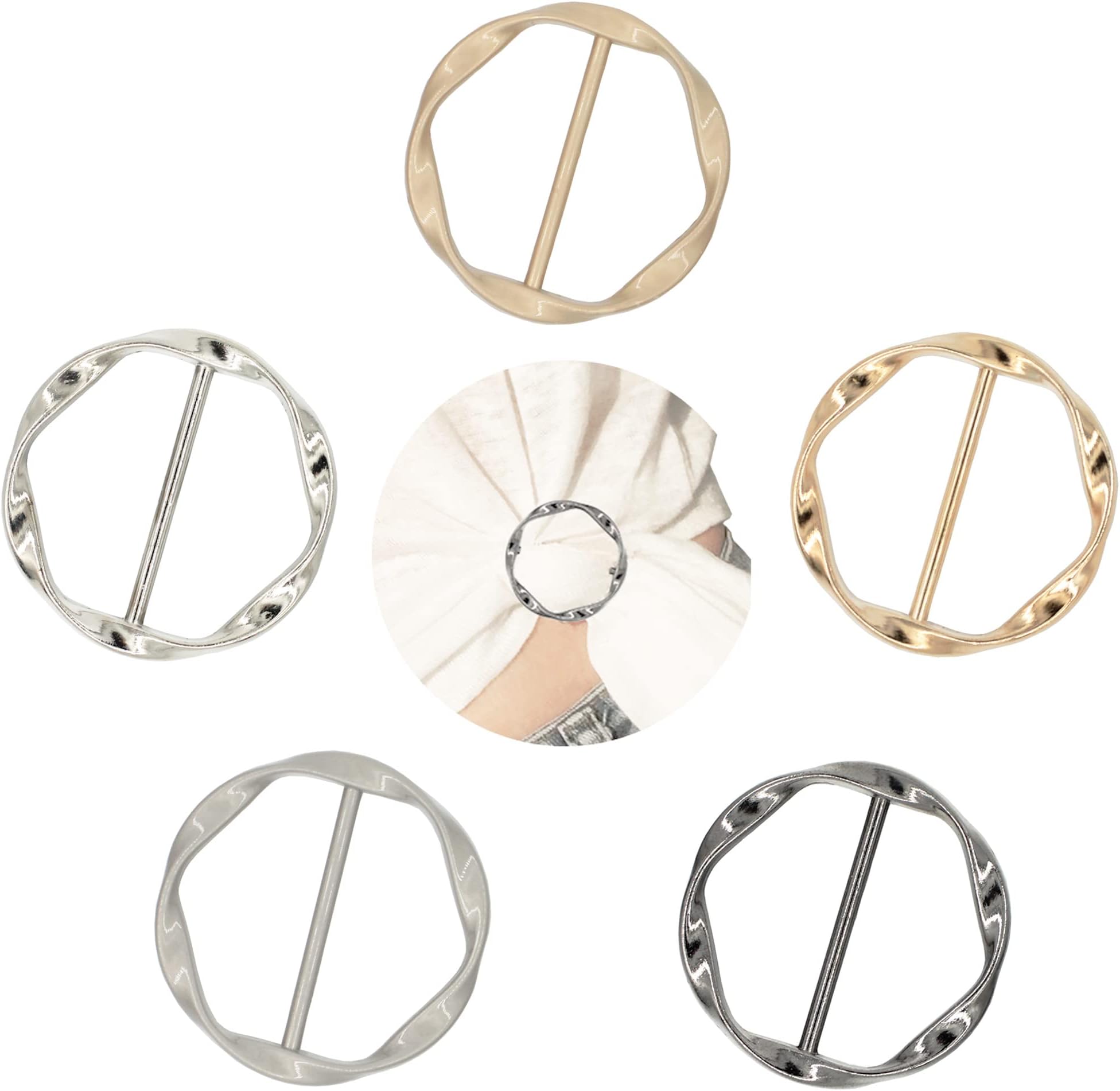 5 PCS Silk Scarf Ring Clip T-Shirt Tie Ring Clips for Women, Fashion Round Alloy Scarf Ring and Slide Tshirt Twist Knot Clip Buckle Circle Clothing Ring Wrap Holder