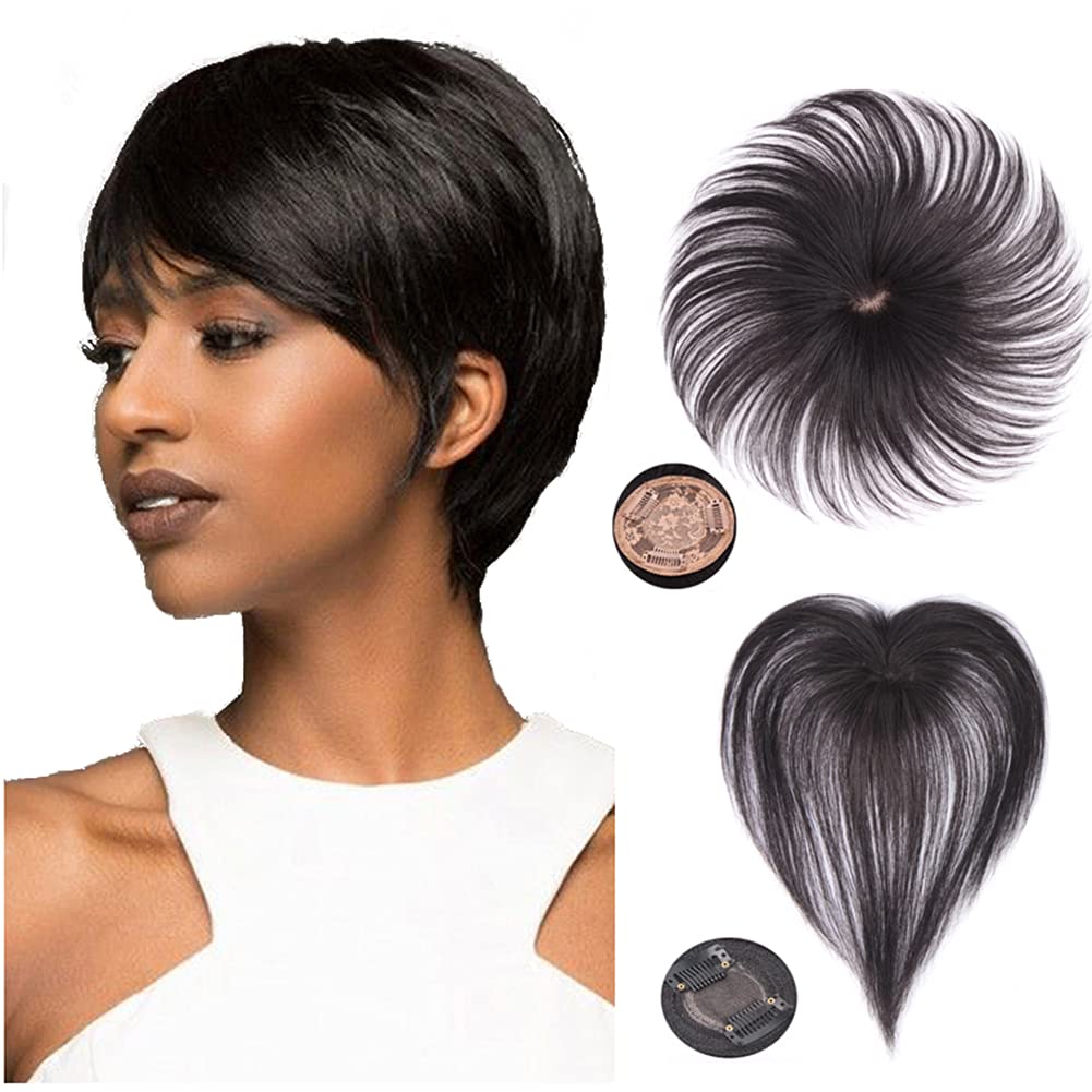 Cover the grey hair, wig piece, reissue piece on the top of the head, Jurchen hair, increase hair volume, reissue piece, female piece without trace(Silk Base 17cm Black)