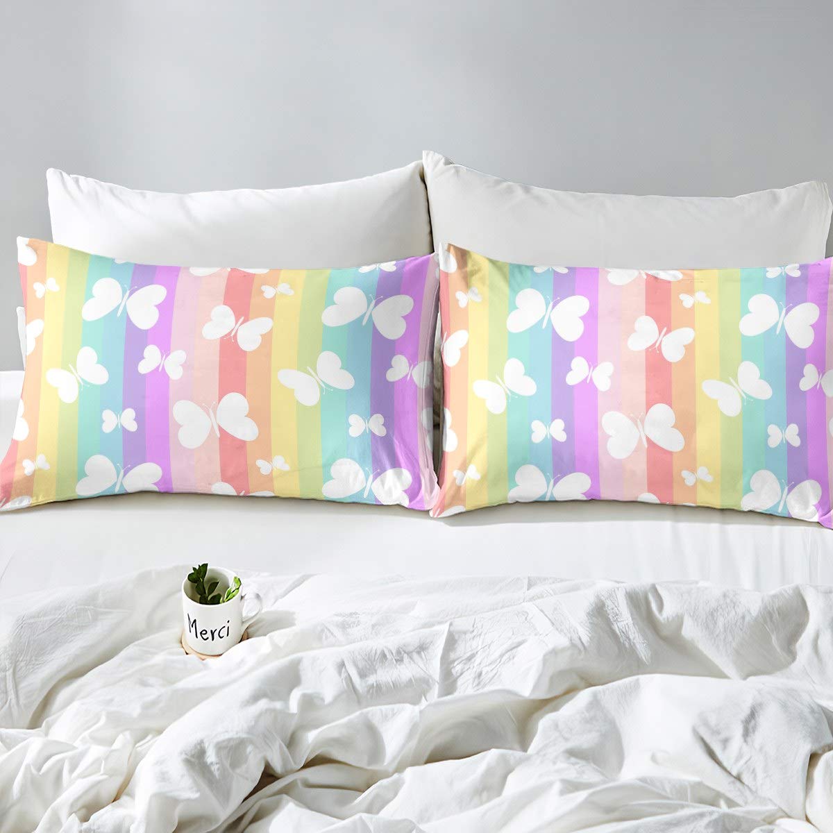 Regenboog Dekbedovertrek Set Kleurrijke Strepen Dekbed Vlinder Patroon Beddengoed Set Vlinders Print Sprei Cover voor Kinderen Jongens Meisjes Volwassenen King Size Met 2 Kussensloop