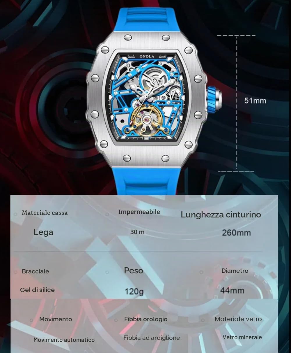 Tonneau, orologio da polso da uomo, completamente automatico, con timone, volano, orologio meccanico Tourbillon, scheletro, impermeabile, alla moda