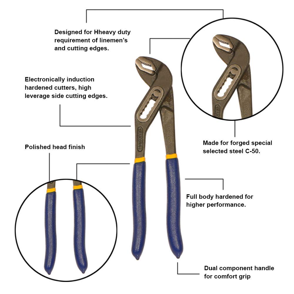 Tata Agrico 10 Inch (250mm) Water Pump Plier | Adjustable Slip Joint Plumbing Grips | Multi-Purpose Hand Tool Used for Holding Nuts & Bolts and Gripping Irregular Shaped Objects (Pack of 2, PLW002) 1