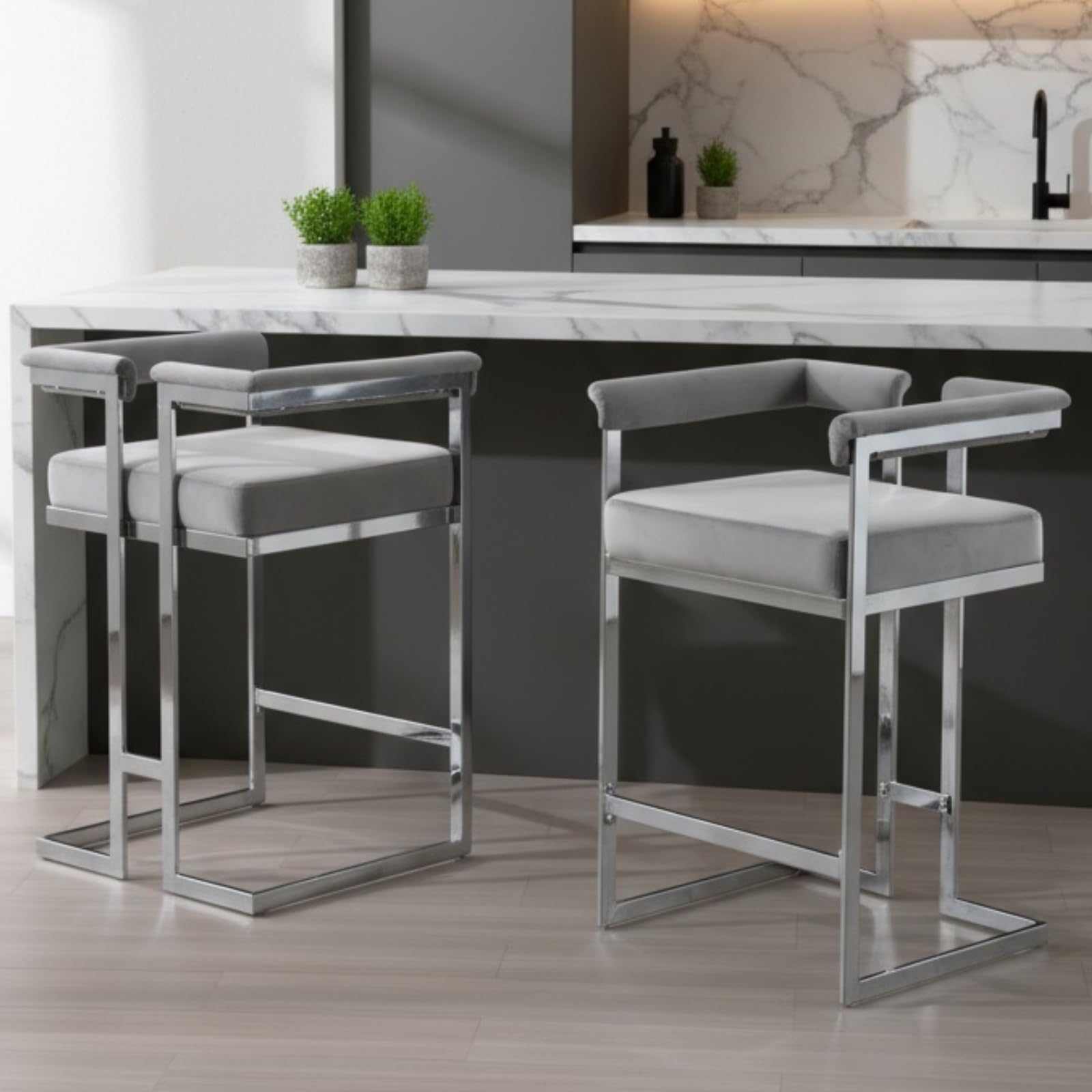 DUOMAY Modern Bar Stools Set of 2, 26" Counter Height Stool with Chrome Finish Metal, Velvet Upholstered Kitchen Island Chair with Back for Home Bar,