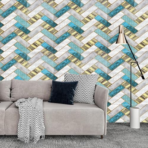 Image of WrapWall 3D Wallpaper Self Adhesive Foam Pack of 1 (70x70 cm) | Waterproof Brick Design Wallpaper |Peel & Stick DIY Wall Decor for Living Room Bedroom Kitchen (1, Blue-Vshape)