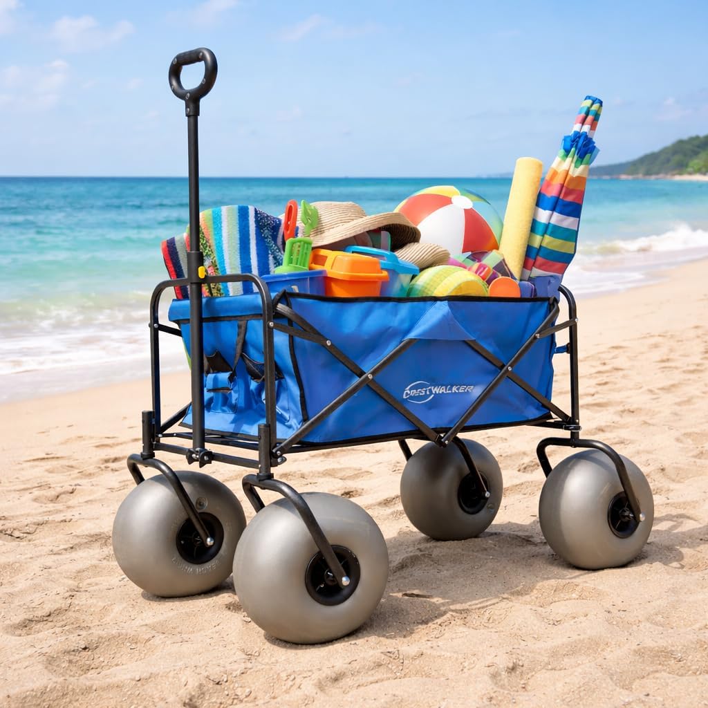 Beach Wagon with 13‘’ Balloon Wheels, Collapsible Cart with Big Wheels for Soft Sand, Heavy Duty 300 lbs Capacity, Folds Thin with Quick-Release Forks