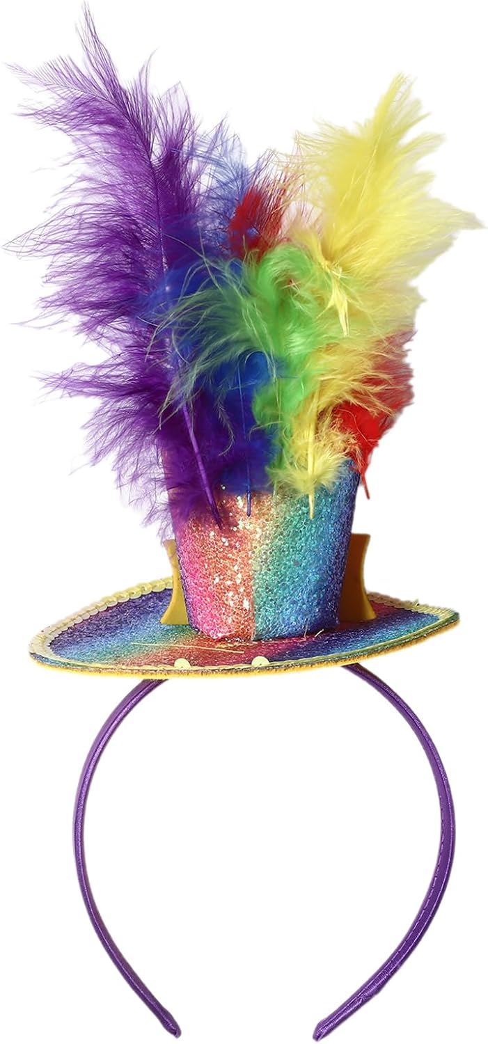 YiZYiF Womens 4 Pcs Rainbow Feather Top Hat And Earrings Colorful Headpiece Halloween Christmas Jewelry image 4