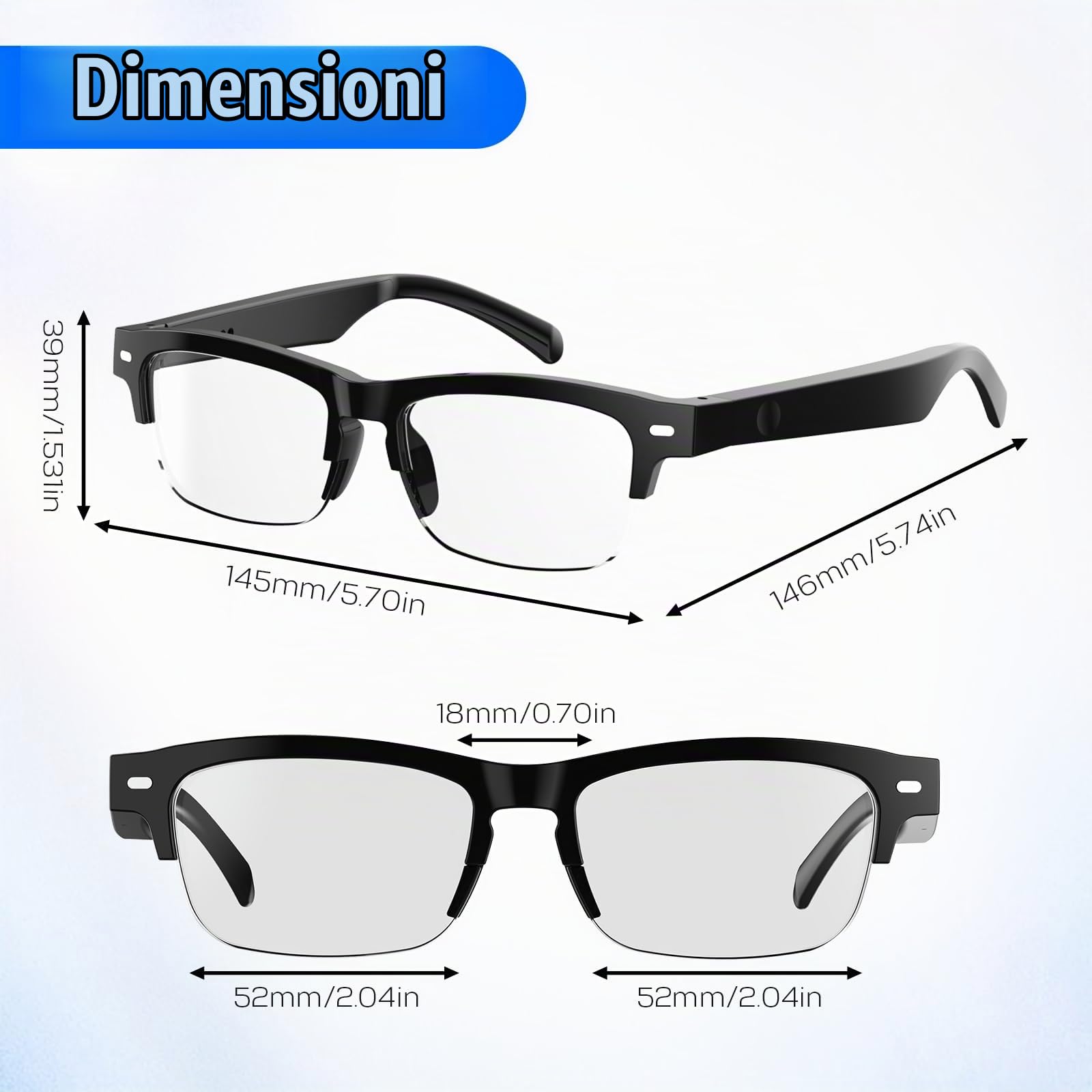 Occhiali Intelligenti IA, Occhiali di Traduzione Bluetooth con 164 Lingue, Lenti Fotocromatiche, Design Semi-Montatura, Applicazione Gratuita, Occhiali Bluetooth per Lavoro, Viaggi e Passeggiate