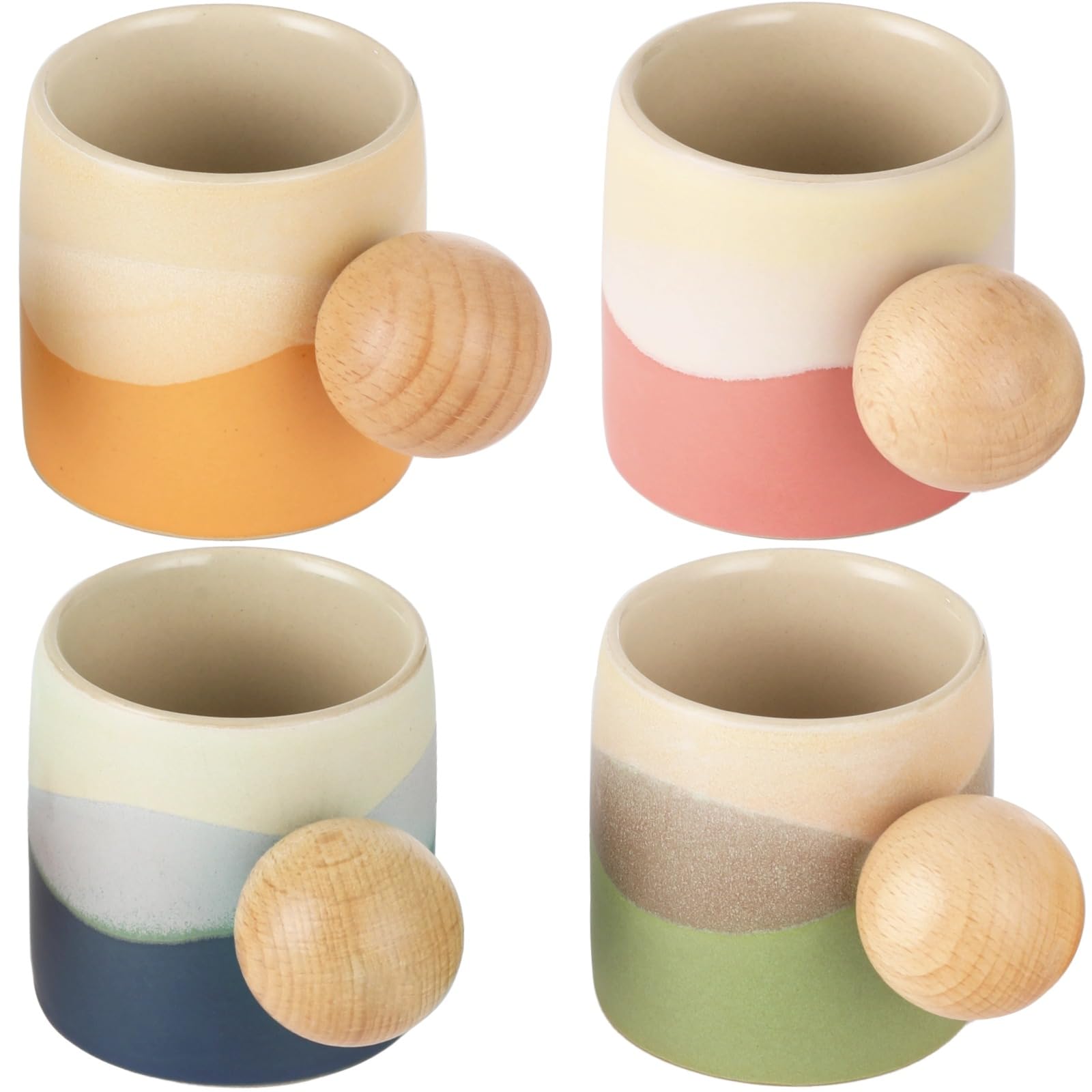 4 Stk. Keramik-Espressotassen, 2,4 oz Demitasse-Kaffeebecher mit Holz-Kugelgriff, kleines Becherset in Farbverlauf-Optik, Keramik-Teetassen, mit Geschenkbox für Kaffee und Tee