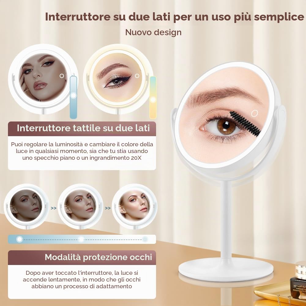 Specchio da trucco con illuminazione, specchio ingranditore 20x con 3 luci colorate, specchio cosmetico con ingrandimento con interruttore bifacciale, specchio ingranditore con luce per camera da