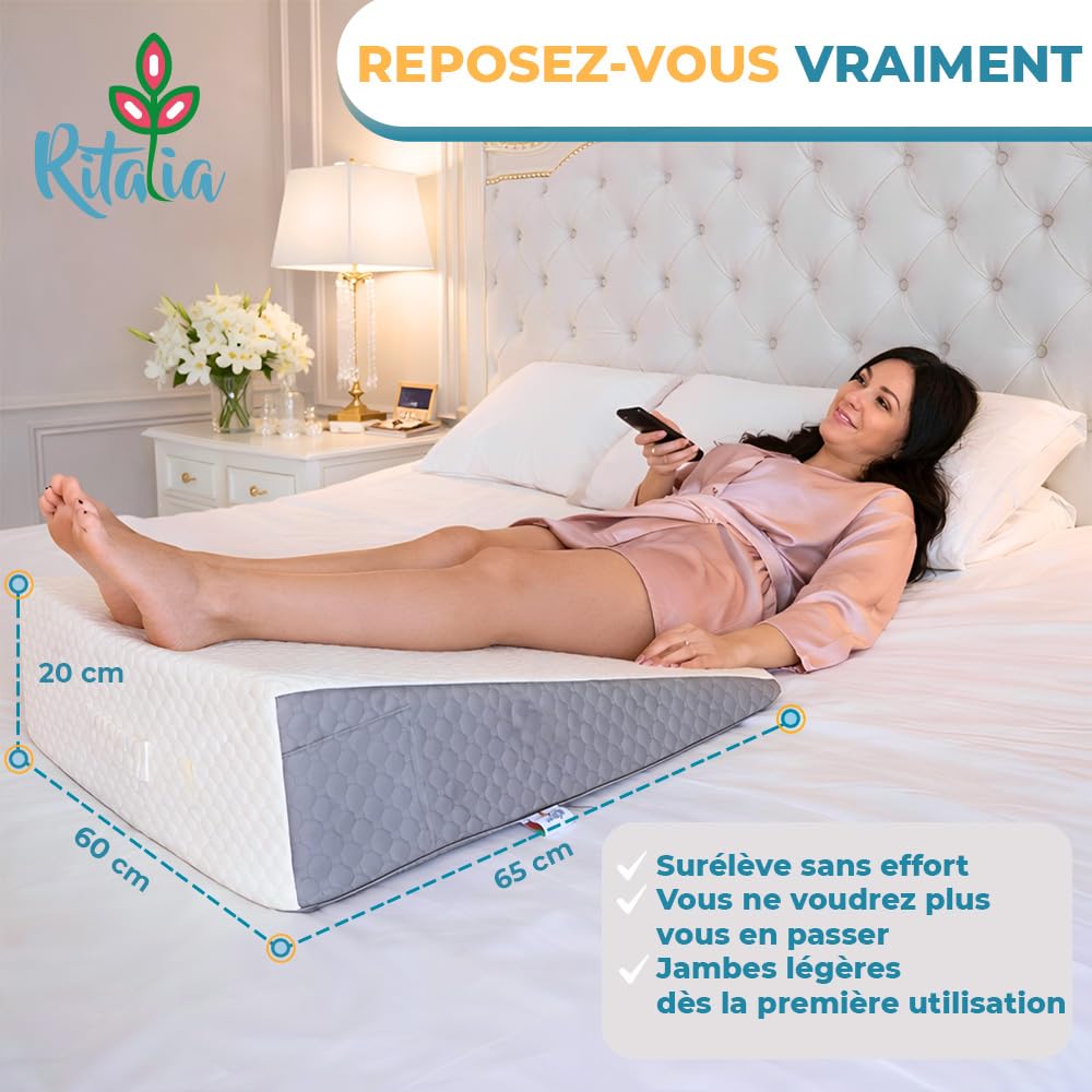 Ritalia Coussin Anti Reflux 65x60x20 cm avec Mousse Mémoire pour Lit Rehausseur Matelas Adulte Coussin de Lectur & Dossier de Lit Triangulaire