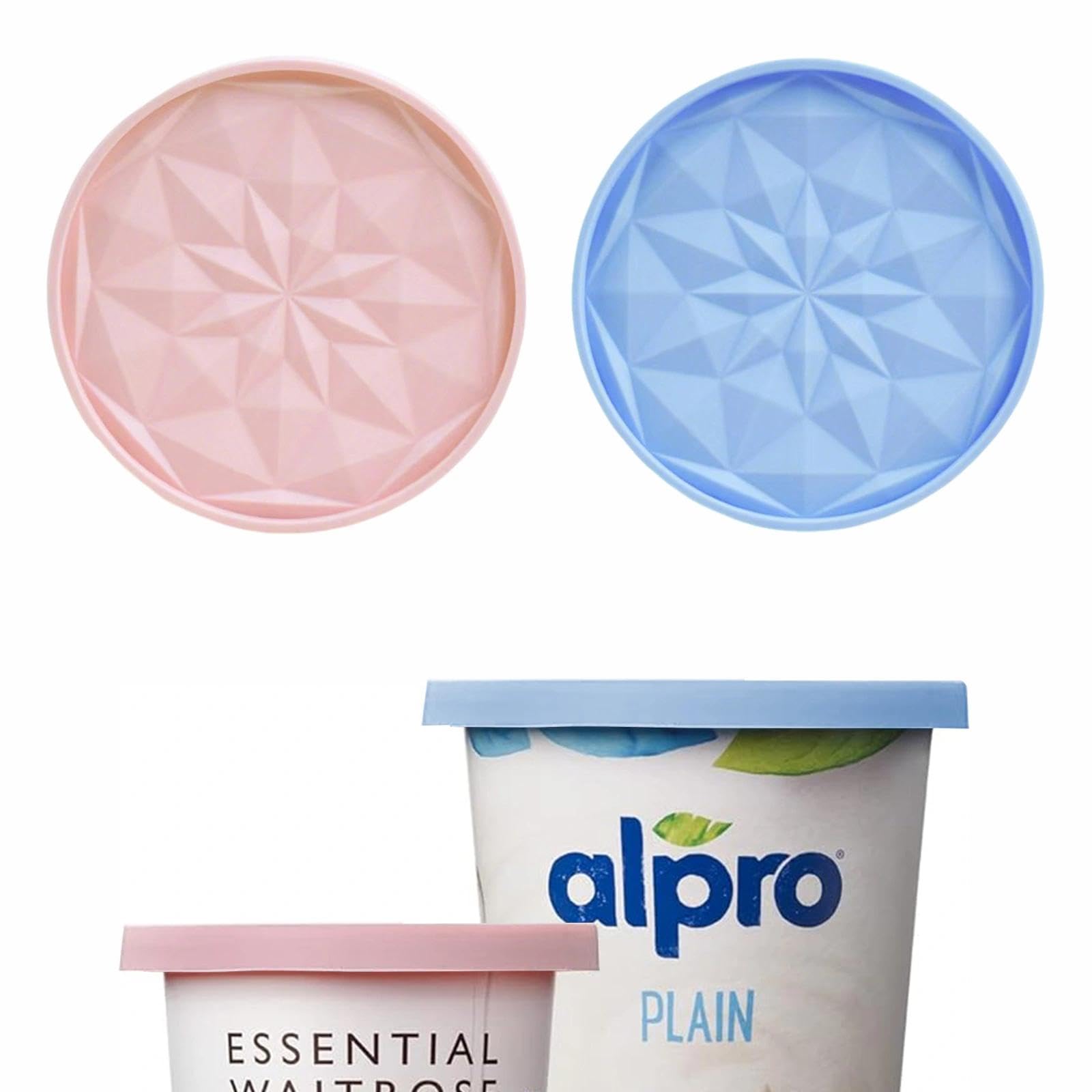 Yogurt Pot Lids, 500g Set of 2 Reusable Silicone Lids for Yogurt Pots, Large Size, Reversible as Coasters, Fits Cups & Mugs (Blue + Pink)