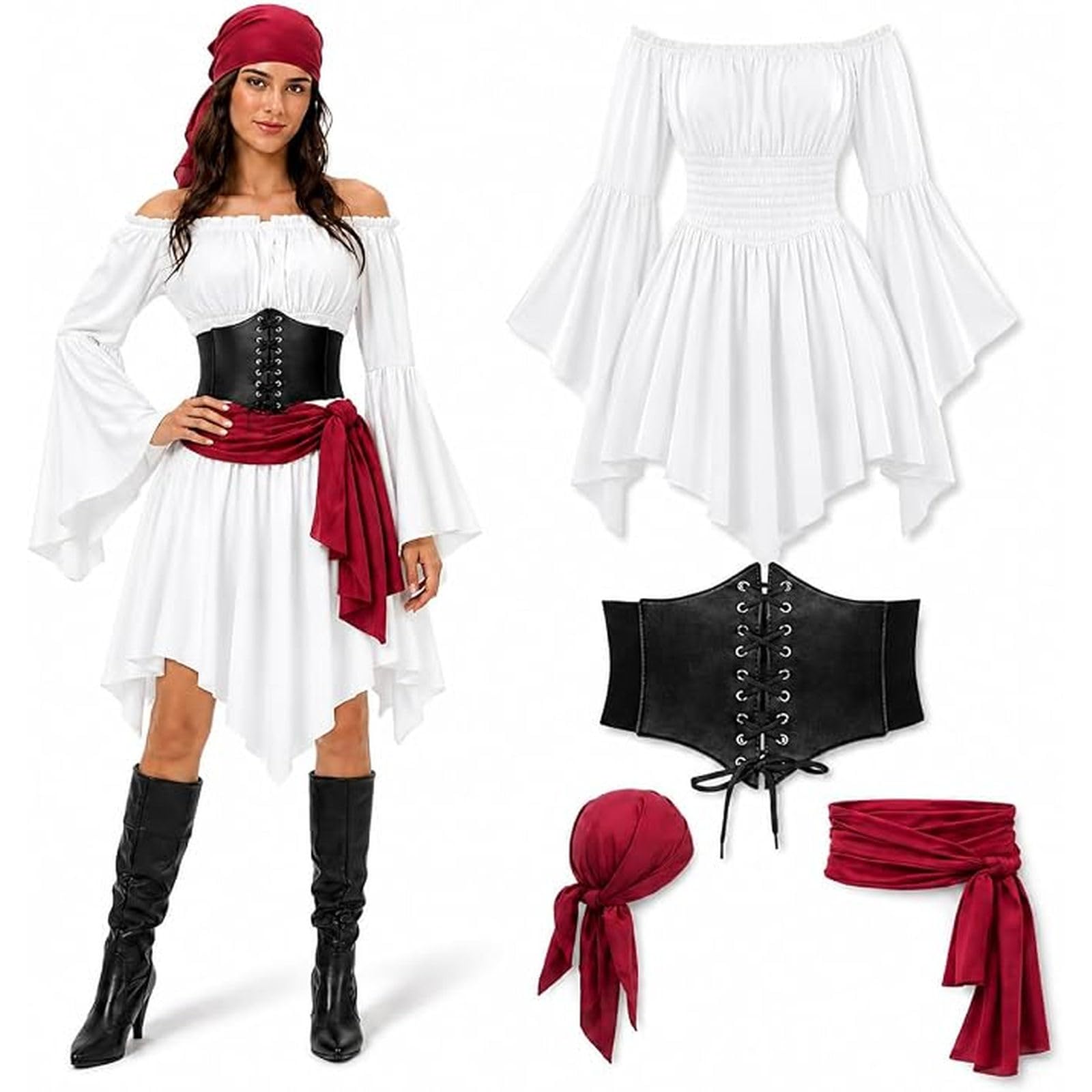 Pirate Costume Women Fancy Dress For Adults Halloween Costumes 4 PCS Womens Pirate Costume Adult Ladies Caribbean-Costumes For Cosplay Party Plus Size Medieval Dress Outfits Clothing