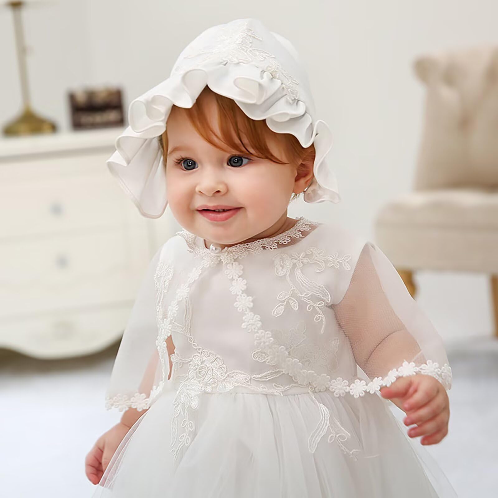 Bebé Niñas Blanco Bautizo Vestido Con Capota Recién Nacido Bautizo Vestido de Encaje para Boda Cumpleaños