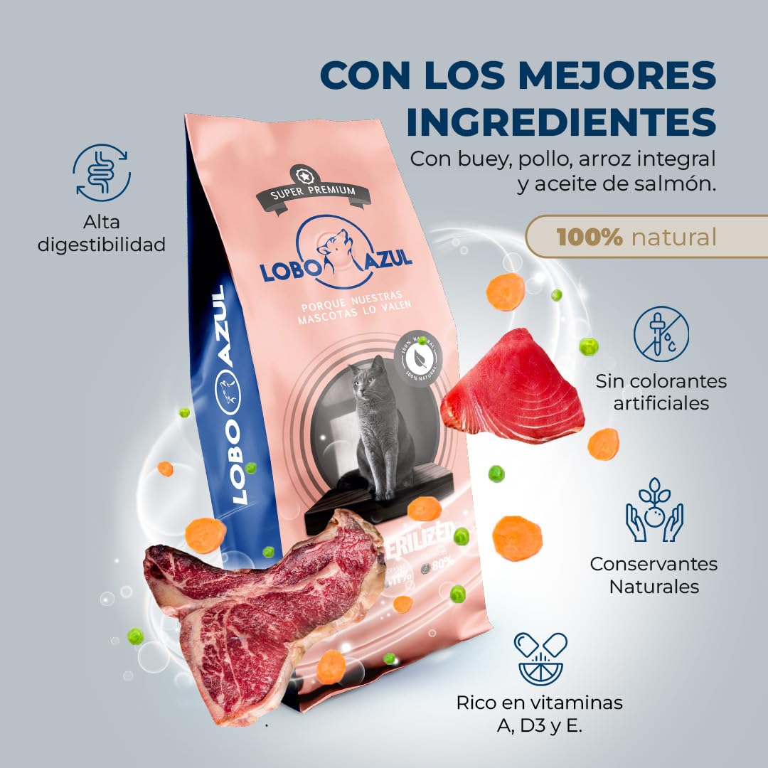 Cat Sterilized - Gatos Esterilizados - 100% Natural con - Buey, Pollo, Arroz Integral y Aceite de Salmón. Ideal para Control Peso, Gatos Sedentarios, Sobrepeso - Lobo Azul Super Premium