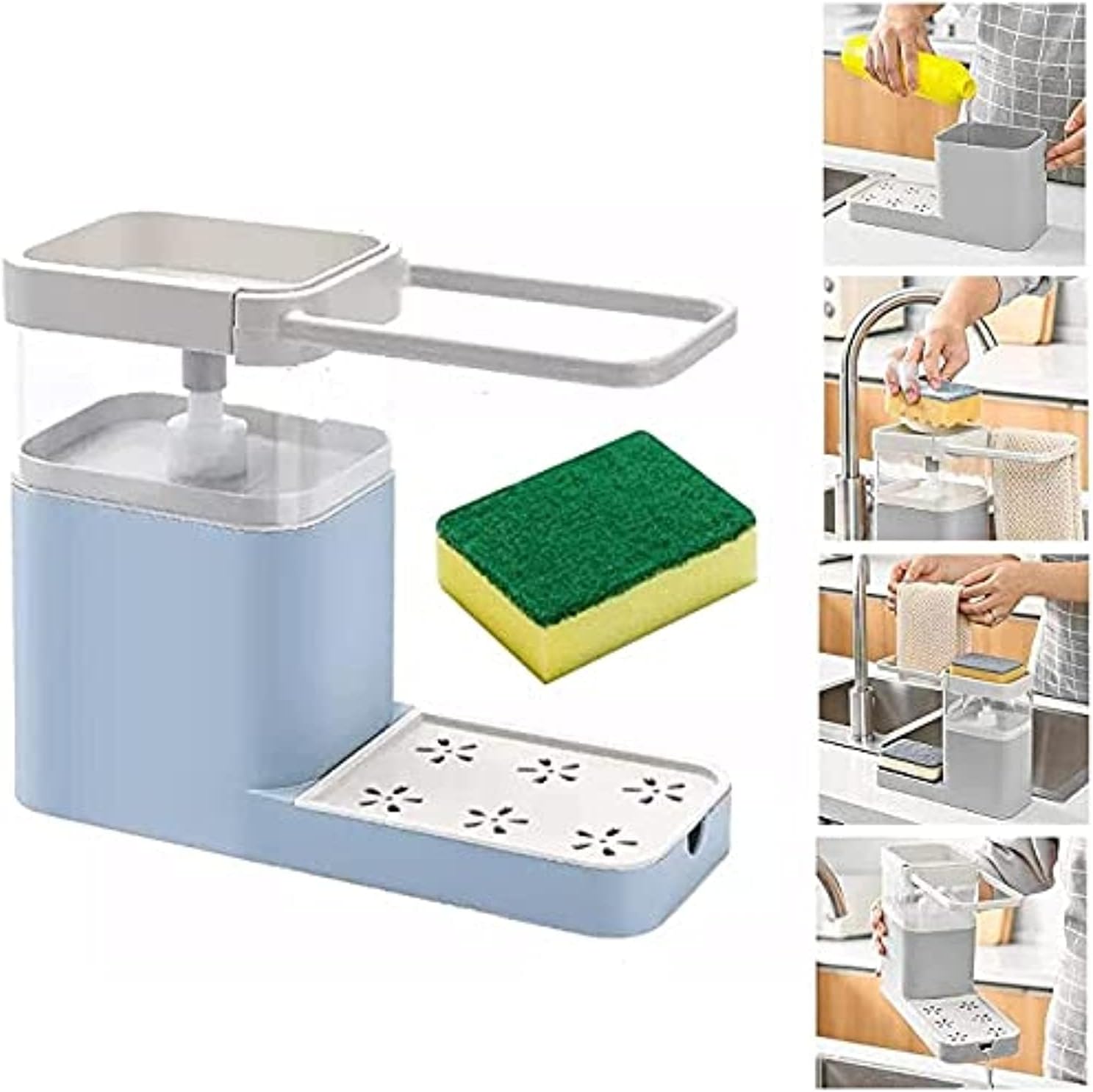 Soap Dispenser for Kitchen Sink,New 4 Functions in One Dish Washing Soap,Dispenser Countertop Soap Pump with Sponge Holder, Towel Bar and Drain Rack Quality Dishwashing Dispenser (Blue)