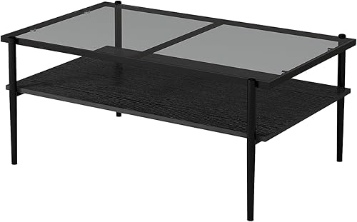 Miniatura 46 de Mesa de centro de cristal para sala de estar, mesa de centro de 2 niveles de mediados de siglo, mesa central con parte superior de vidrio templado