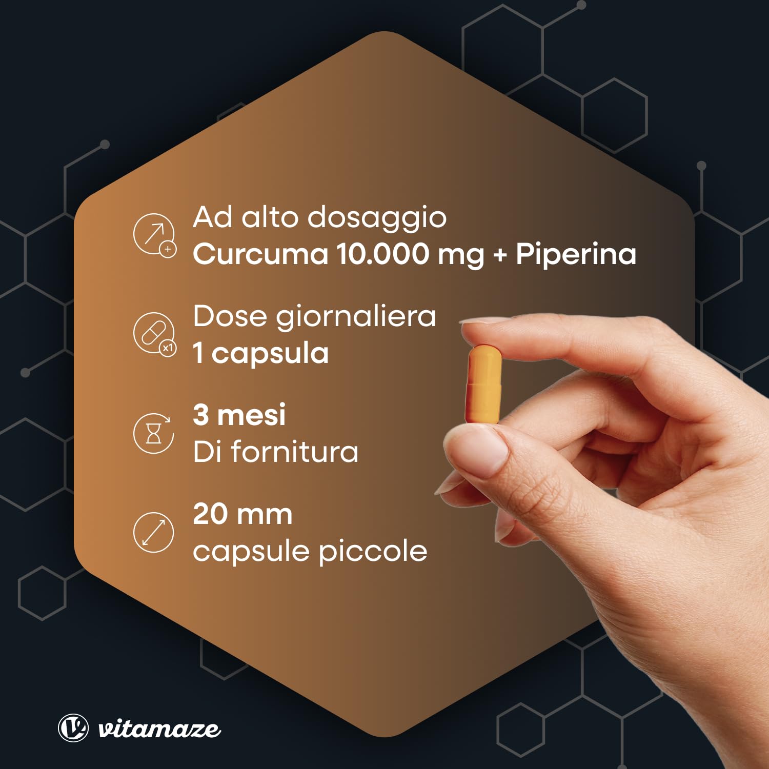 Curcuma Premium 10.000 mg ad Alto Dosaggio al 95%, 1 Capsula al Giorno per 3 Mesi, con Curcumina e Piperina Bioattiva (Bioperine), Curcuma Capsule, Senza Additivi, Prodotto in Germania, Vitamaze
