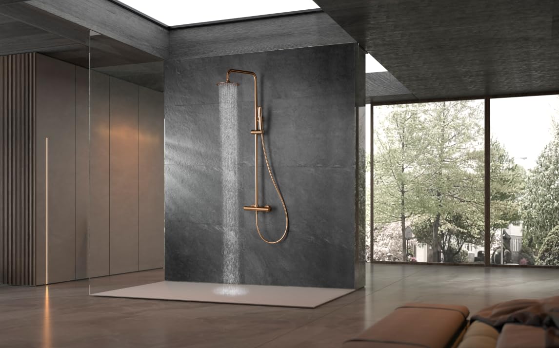 Conjunto Columna de Ducha - Barra de Ducha Grifería Termostática - Serie Nápoles Oro Rosa Cepillado - Termostático