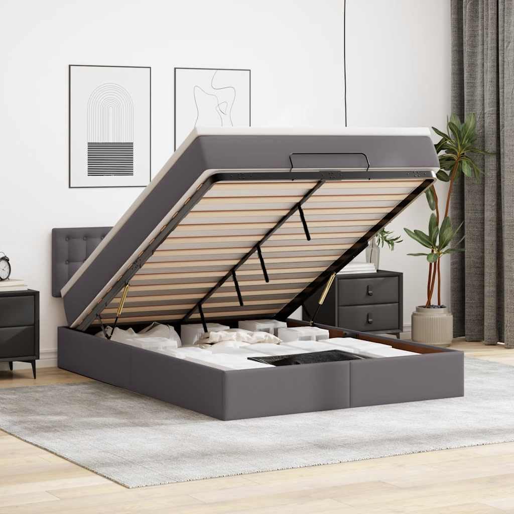 Pouf letto con materasso singolo, struttura in similpelle grigia 140x190 cm con LED regolabili, contenitore con meccanismo idraulico, per camere salvaspazio e ambienti moderni