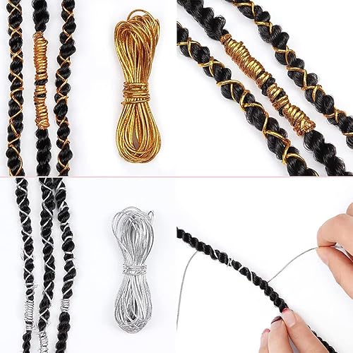 Miniatura 3 de 4 piezas de cordones elásticos de 16.4 ft, trenzas de rastas, accesorios para el cabello, cinta elástica de oropel metálico, hilo de joyería para