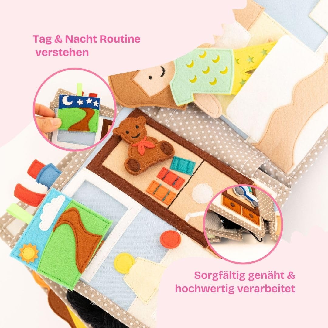 Jolly Designs Quiet Book Mondschein – Montessori Spielzeug ab 18 Monaten – Sensorisches Stoffbuch für Kinder – Handgemachtes Busy Book aus Filz – Lernspielzeug & Reisespielzeug