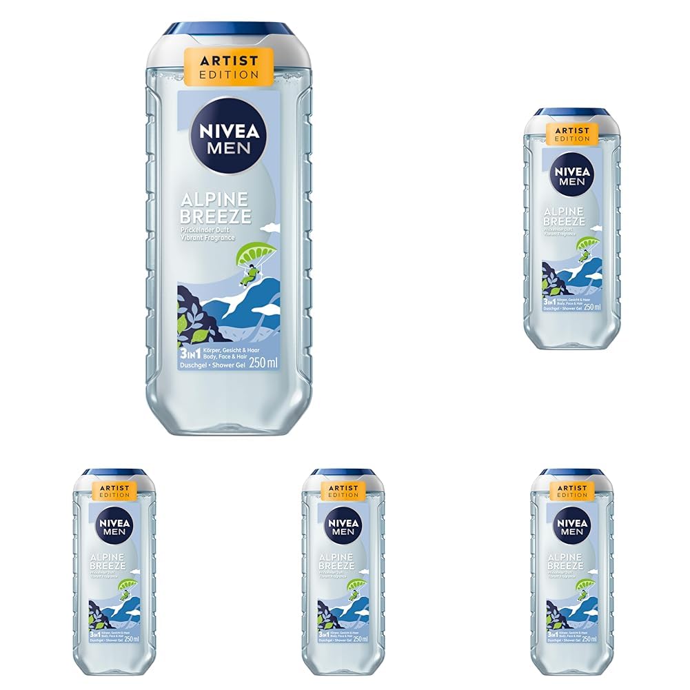 NIVEA MEN Alpine Breeze Artist Edition Duschgel, revitalisierende Pflegedusche mit prickelndem und lebendigem Duft, 3in1 Duschgel für Körper, Gesicht und Haare (250 ml) (Packung mit 5)