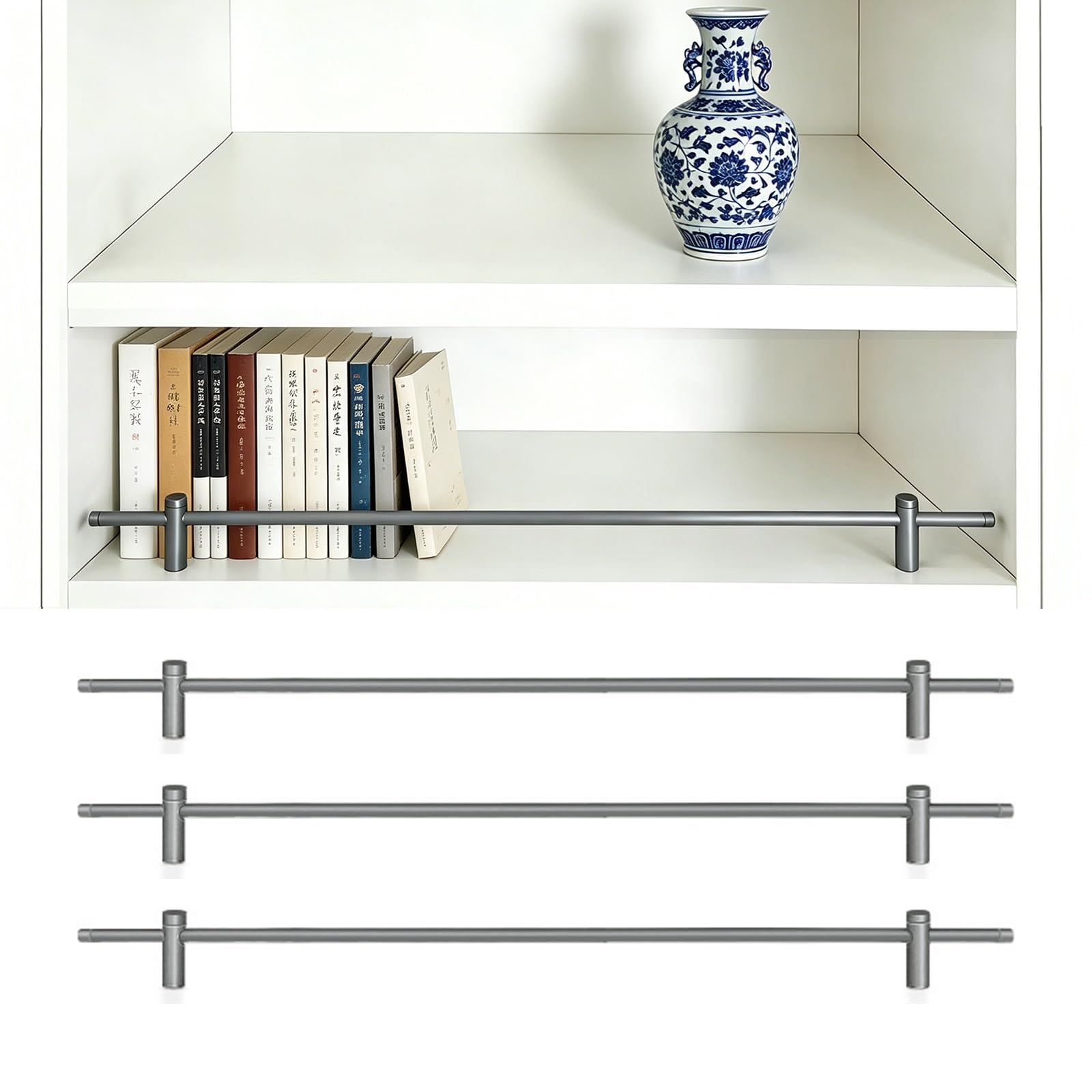 3 Pcs Cabinet Item Ledge Shelf Tipping Rail, Black Gold Gray Silver Anti-Tipping Fence Bar for Wood Shelves, Decorative Railing for Display Cabinet for Bookshelf(Gray,Long 19in/48cm)