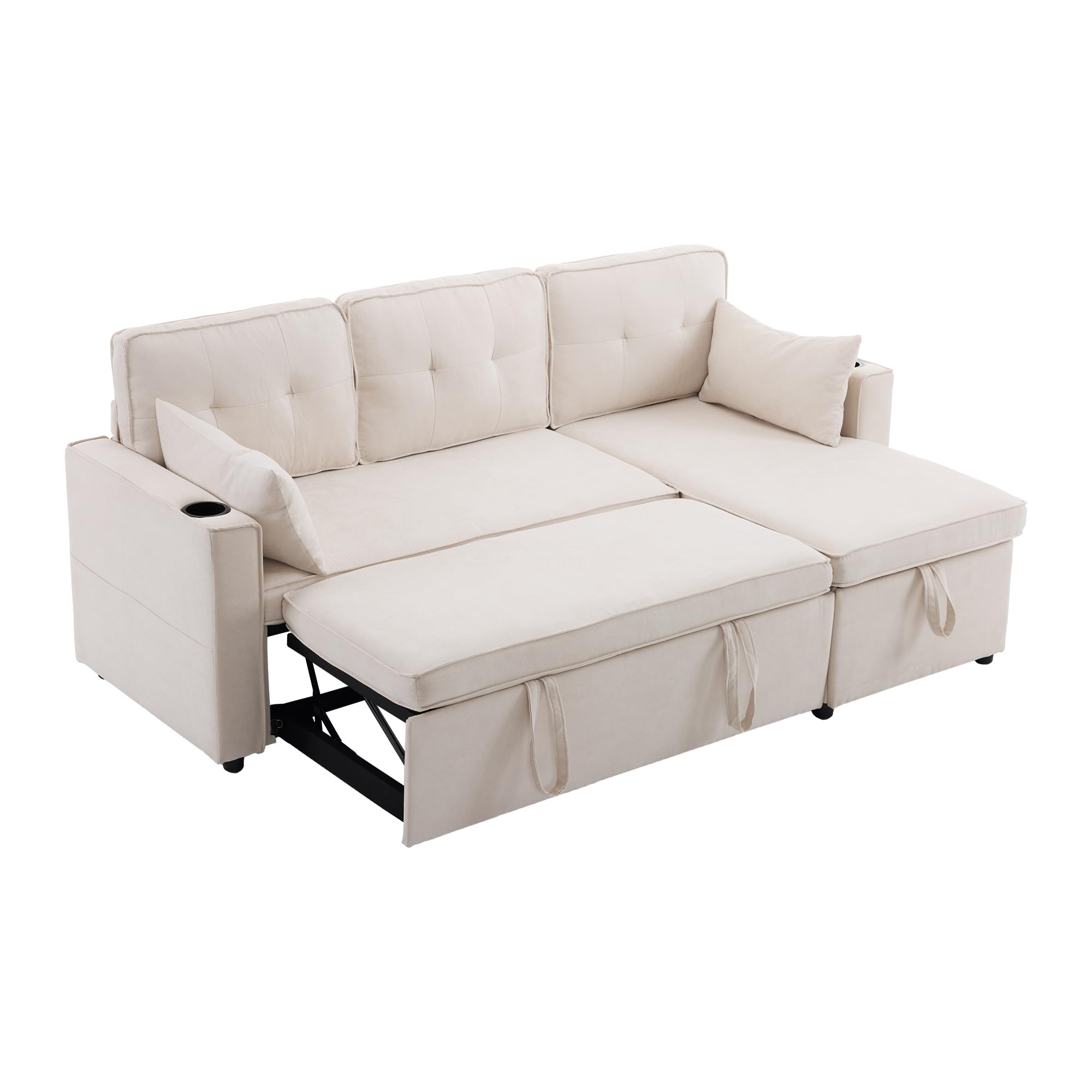 Sofá y cama en forma de L, sofá-cama con función de dormir, 3 plazas, diseño moderno, muebles tapizados, con espacio de almacenamiento y soporte para bebidas
