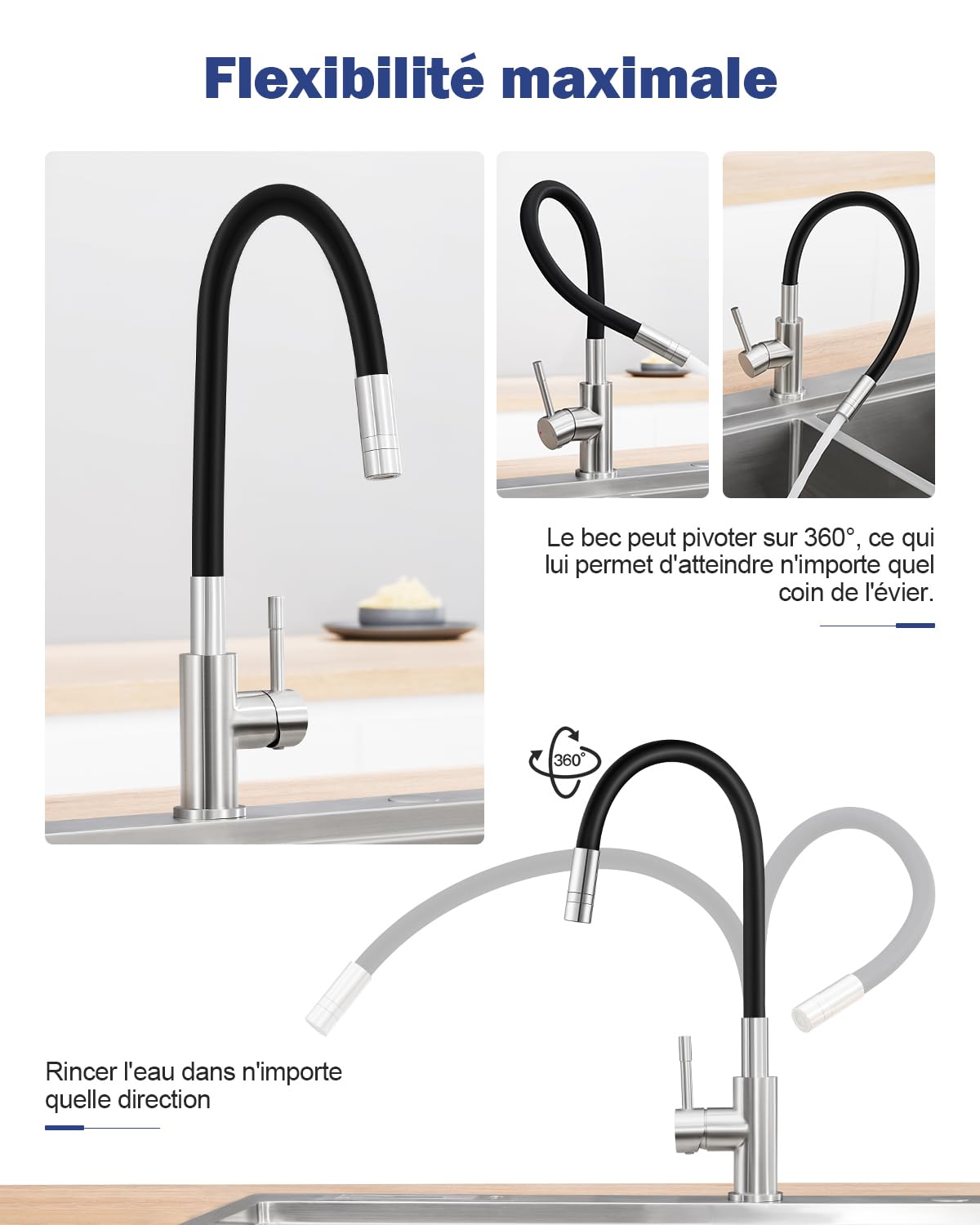 Robinet Cuisine avec Mitigeur et 2 Types de Jets, Pivotant à 360°, Noir