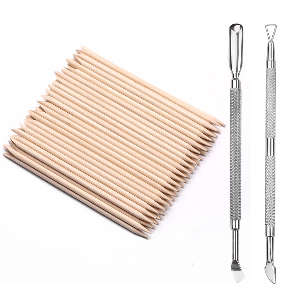 2Pcs Cuticle Pusher and Cutter Remover and 50 Pcs Orange Wood Nail Sticks Double Sided Multi Functional Manicure Pedicure Tool Silver
