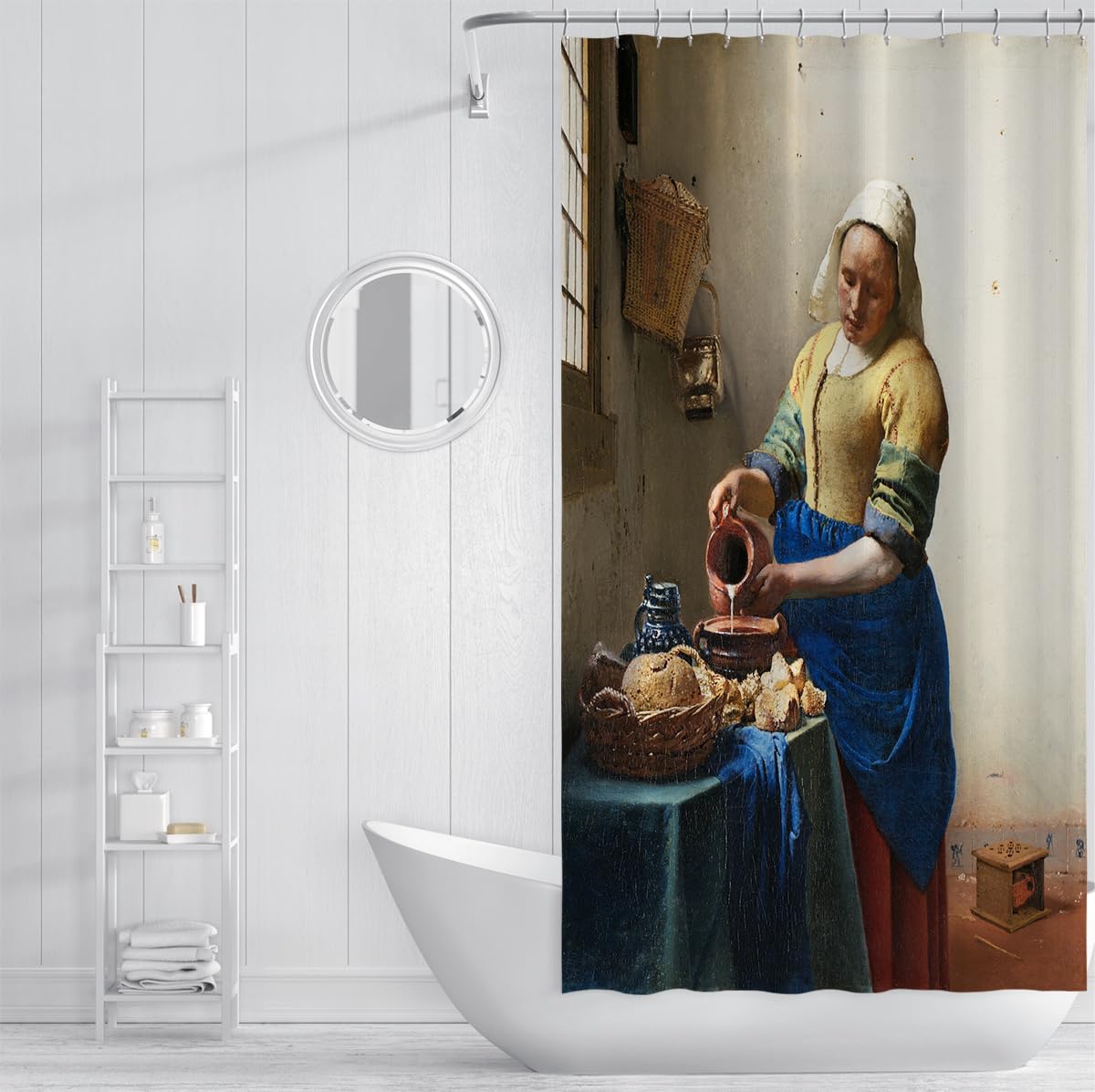 Klassisches barockes Küchenleben Ölgemälde Duschvorhang Das Milchmädchen-Muster Badewannenvorhang Berühmtes Meisterwerk Badezimmerdekoration mit Wasserdichten Haken 180 x 220 cm