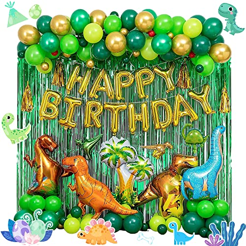 Décorations de fête dinosaure, lot de 115 ballons d'anniversaire dinosaure, guirlande d'arche de ballons dinosaure, ruban de ballons dinosaures et bannières « Happy Birthday » pour enfants Cover