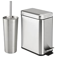 Vista 1 de mDesign Cepillo y soporte para inodoro de metal independiente delgado + papelera con pedal de 5 litros / 1.3 galones, diseño estrecho rectangular