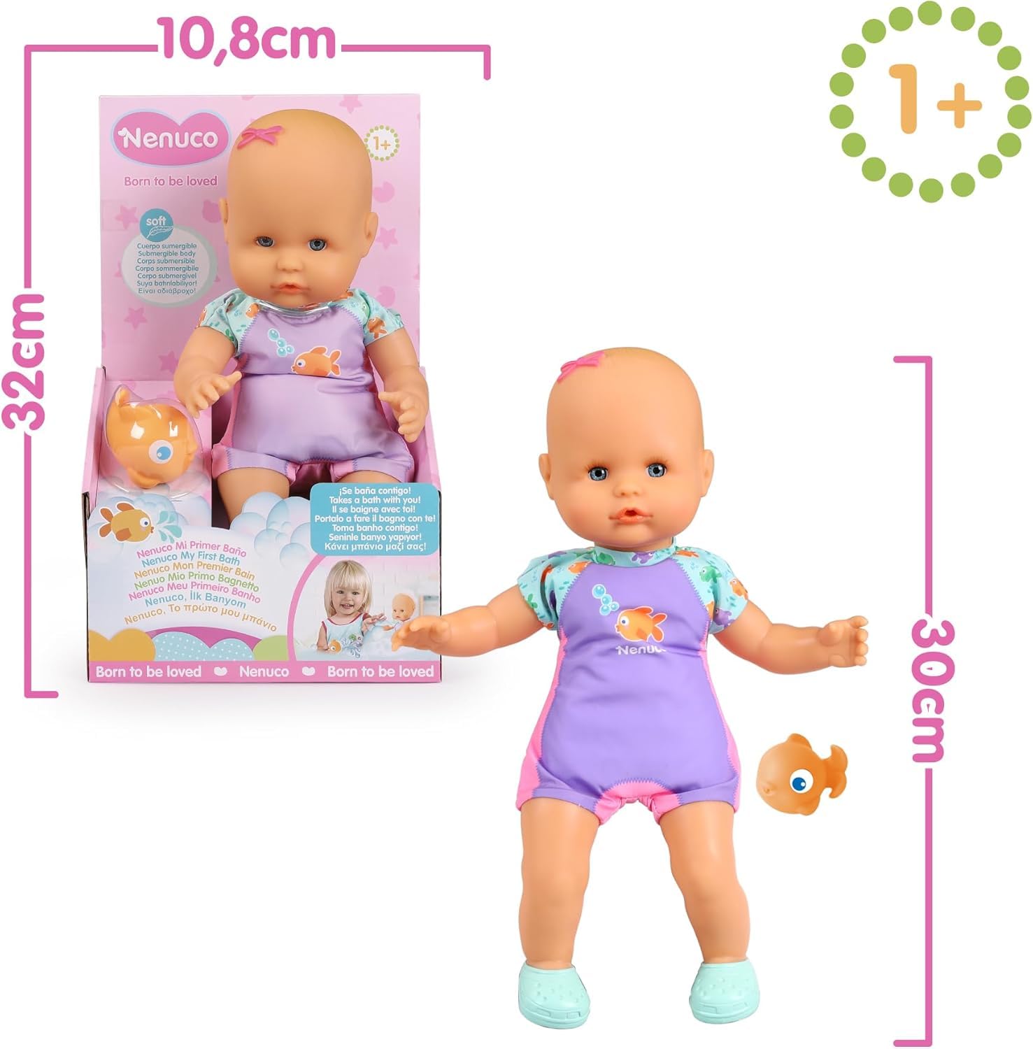 Nenuco - Mi Primer baño, un muñeco blandito de Cuerpo Sumergible, lo Puedes Meter en la bañera, en la Piscina y en el mar. Incluye bañador y un pececito Que se Puede Meter en el Agua (NFN88000)