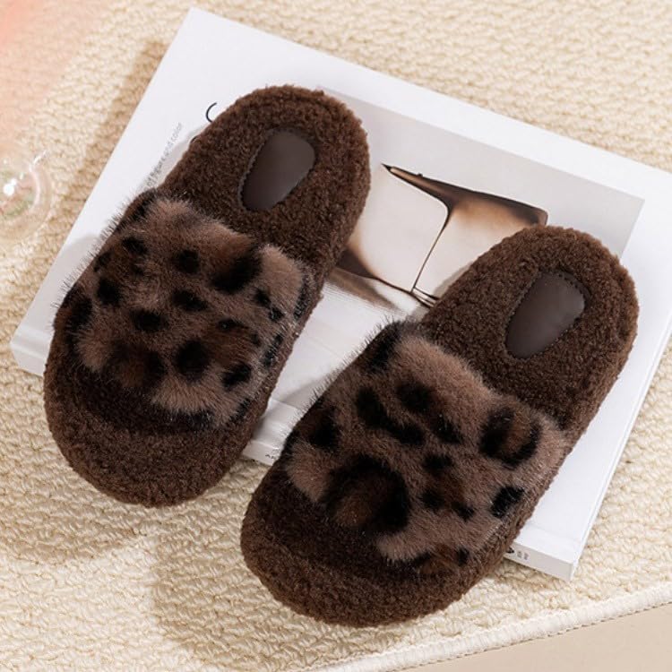 Kids Leopard Print Fuzzy Slippers Plush Lined Winter Indoor House Shoes - image 3