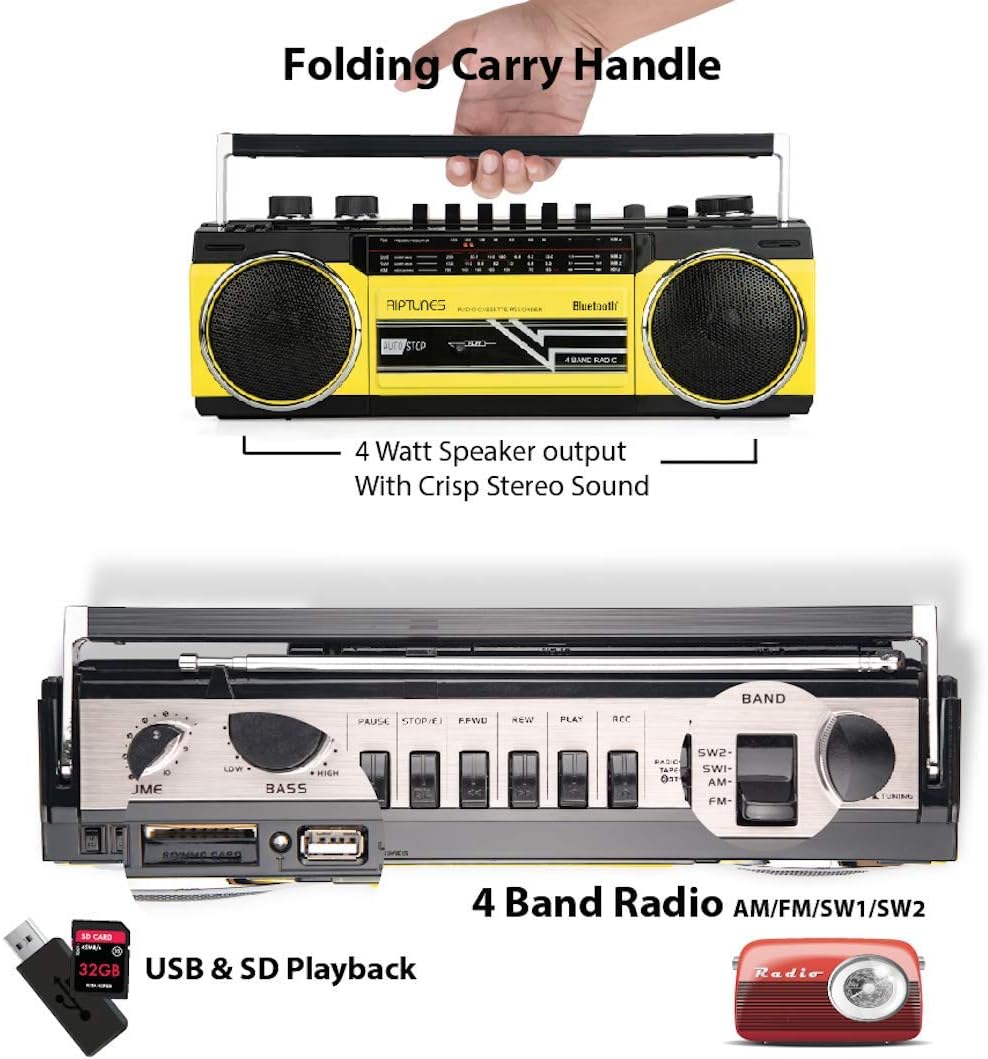 Riptunes Cassette Boombox, Retro Blueooth Boombox, Cassette Player and Recorder, AM/FM/SW-1-SW2 Radio-4-Band Radio, USB, and SD, Yellow