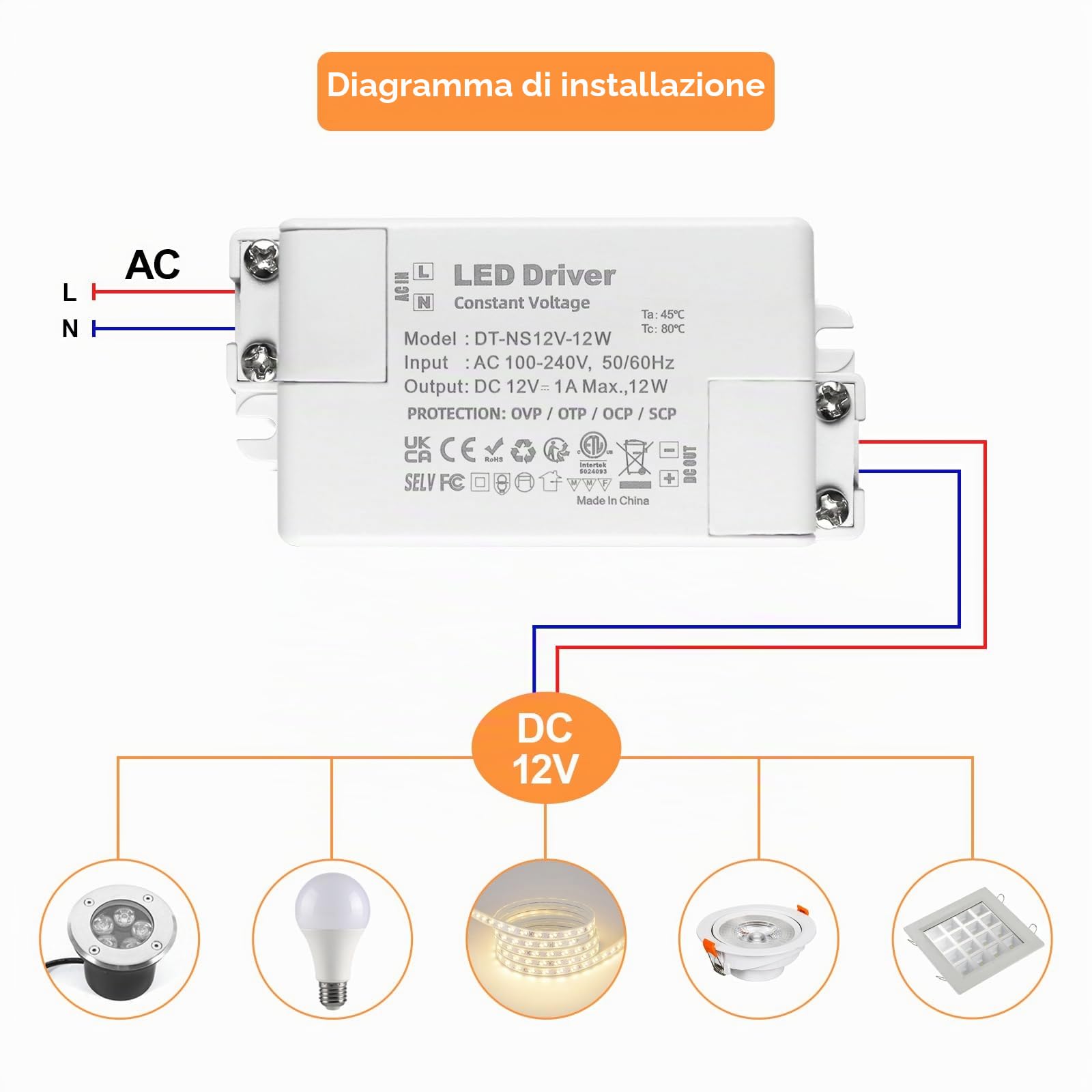 Trasformatore 220V 12v 12w, Alimentatore 12v 1 A, Trasformatore LED AC a DC, led driver 12 V, per G4, GU5.3, MR11, MR16, Lampade LED, Non dimmerabile, non sfarfallante, non rumoroso