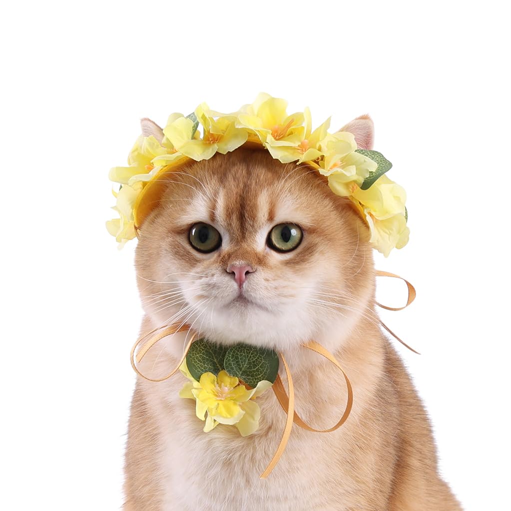 Couronne florale jaune pour chats et lapins, coiffe réglable fleurs en soie accessoires animaux