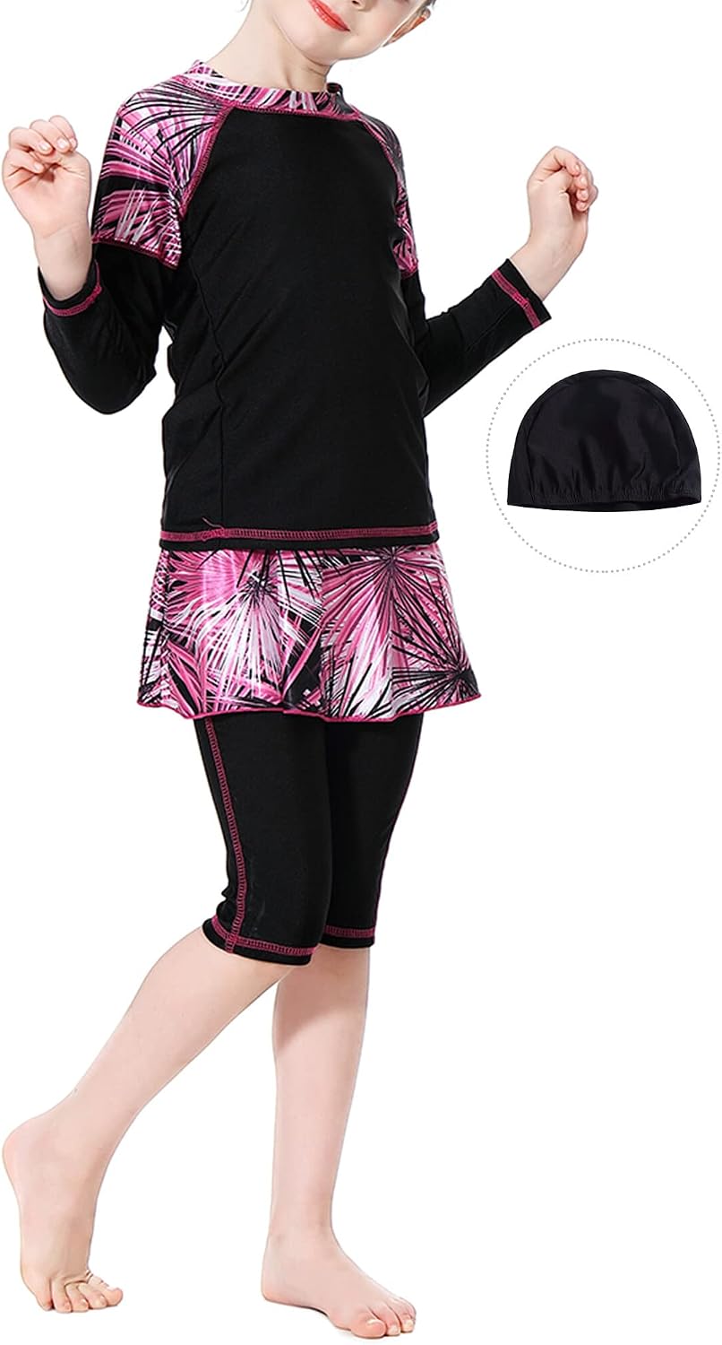 AUBIG Muslim Swimsuit for Kids Girls Long Sleeve Full Coverage Burkini Swimwear Quick Dry Modest Islamic Bathing Suit