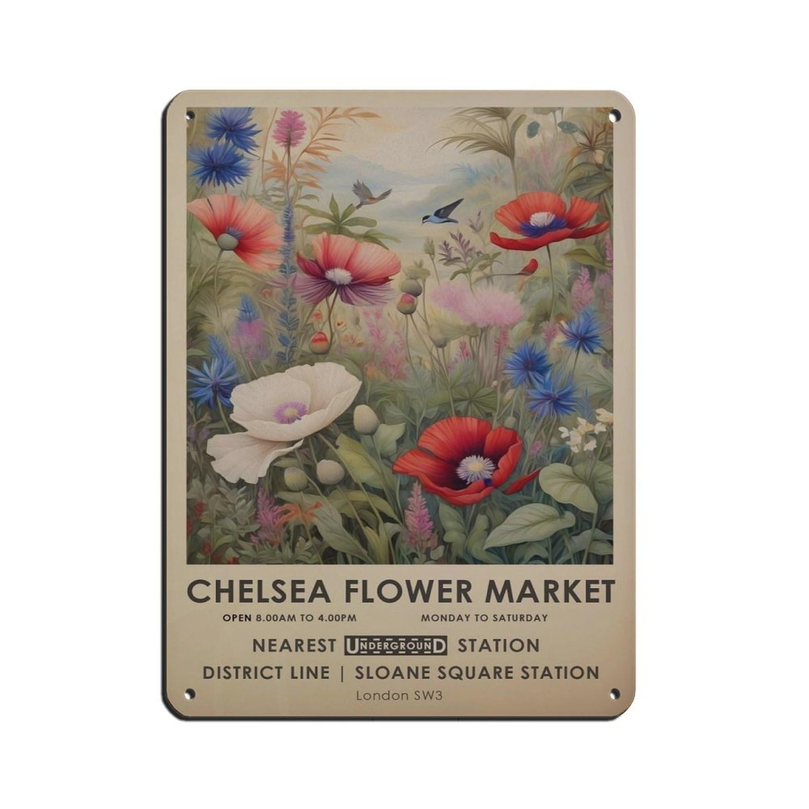 Chelsea Flower Market, Wildflower Botanical Retro Poster Metal Tin Sign Chic Art Retro Iron Painting Bar People Cave Cafe Family Garage Poster Wall Decoration 12x16inch(30x40cm)