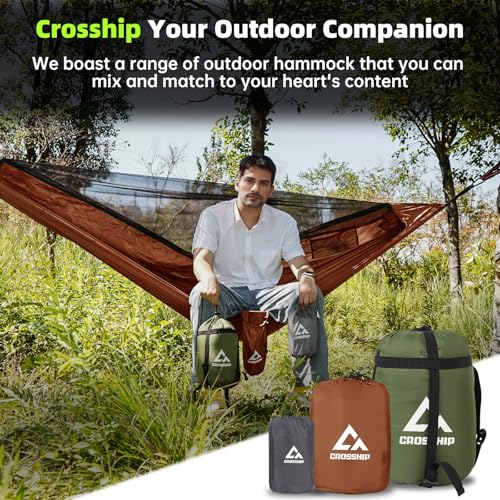 Image of Camping Hammock with Mosquito Net - Portable Parachute Nylon Hammock Tent with Tree Straps, Camp Rope & Stake - for Hiking, Backpacking, Travel, Backyard, Beach - Holds Up to 500lbs (Orange)