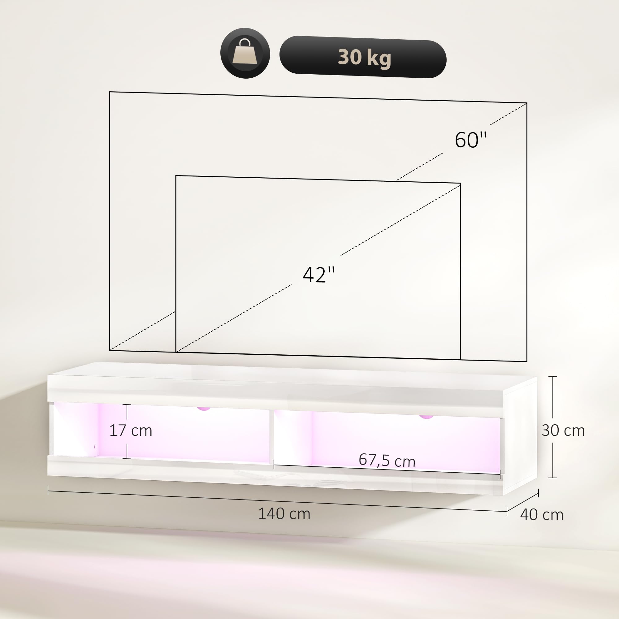 HOMCOM Mueble de TV Suspendido con Luces LED, Compartimentos y Orificios Pasacables, Mueble de TV para Salón con Control Remoto para Televisión 55-60 Pulgadas, 140x40x30 cm, Blanco Brillo