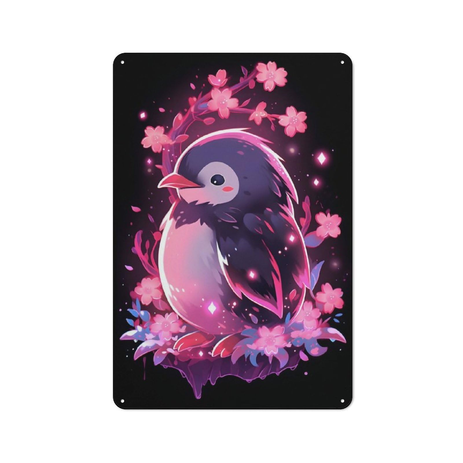 Junmoney Shiny Pink Flower Penguin Metal Wall Sign 30X20cm, Modern Retro Loft Wall Plaque For Flat, Bar, Studio Or Gallery Wall