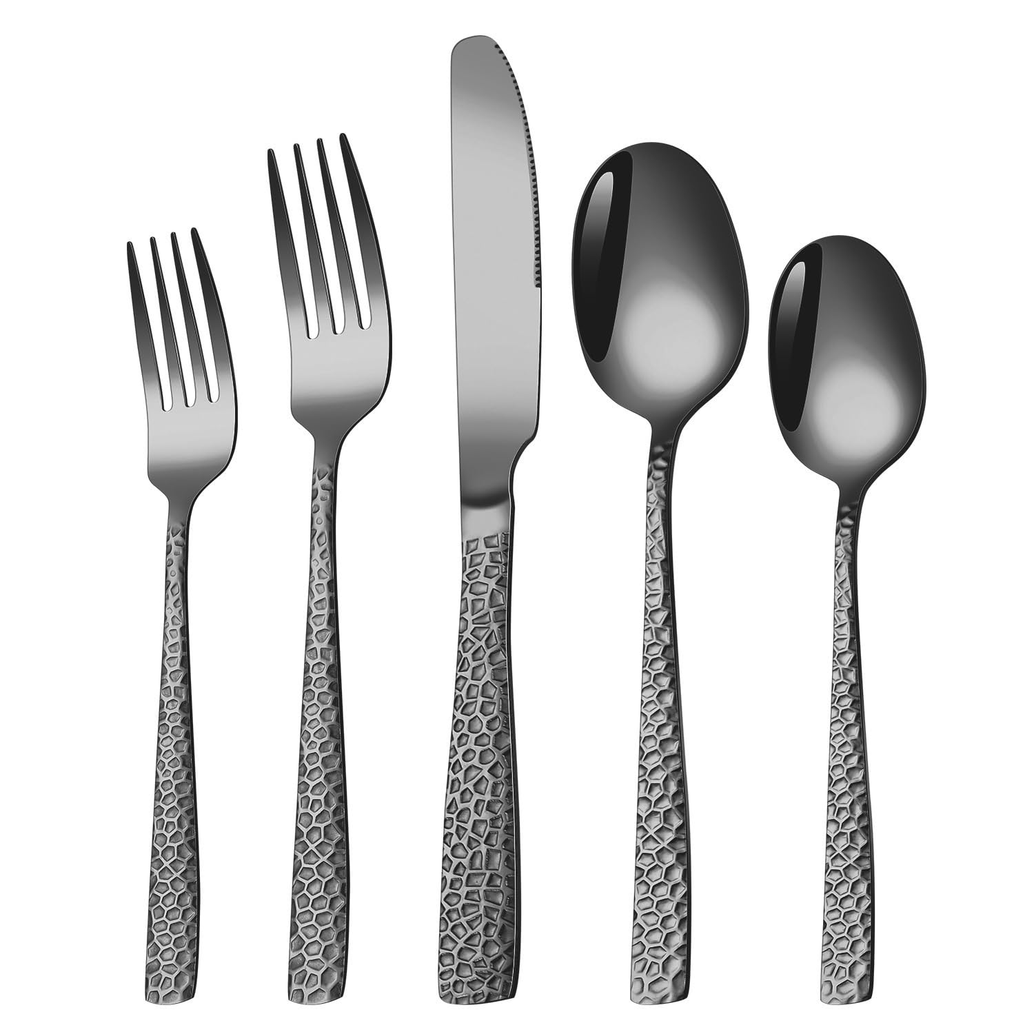 OLSKFUH Cutlery Flatware Cutlery Set, 5/20/30/40/50/60Pcs Stainless Steel Hammered Square Handle Cutlery Steak Cutlery,Black-40 Pieces for 8