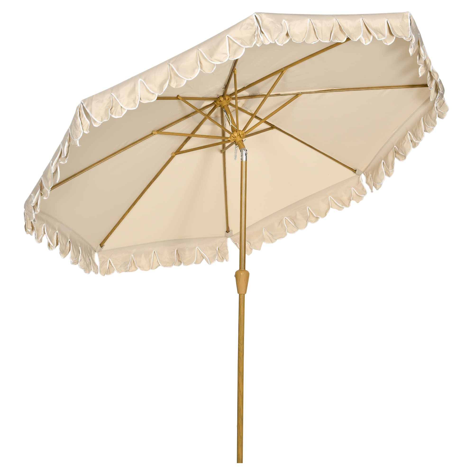 Outsunny Sombrilla de Terraza Ø264x240 cm Parasol de Jardín con Ángulo Ajustable Manivela y Volantes Impermeable para Playa Patio Balcón Caqui